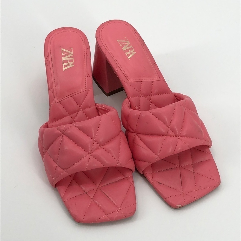 Zara Pink Quilted Square Toe Slide Block Geel Sandals Size 38 (8,8.5)